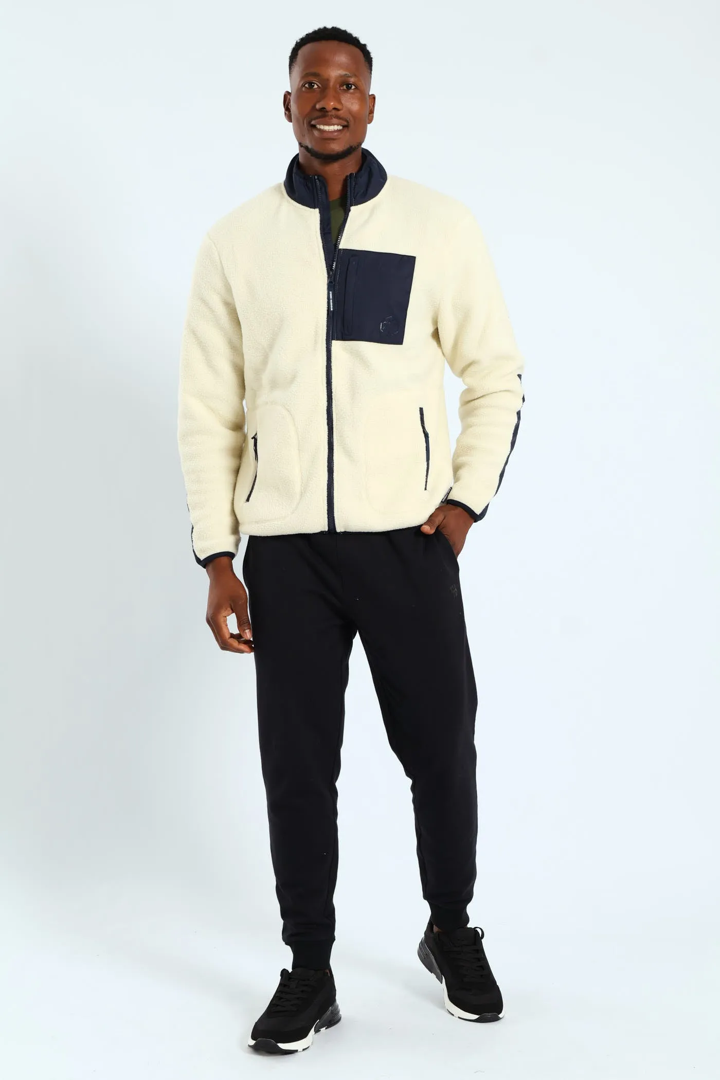 Polar Fleece Nylon Combo Zip Through Jacket - Light Stone/Navy