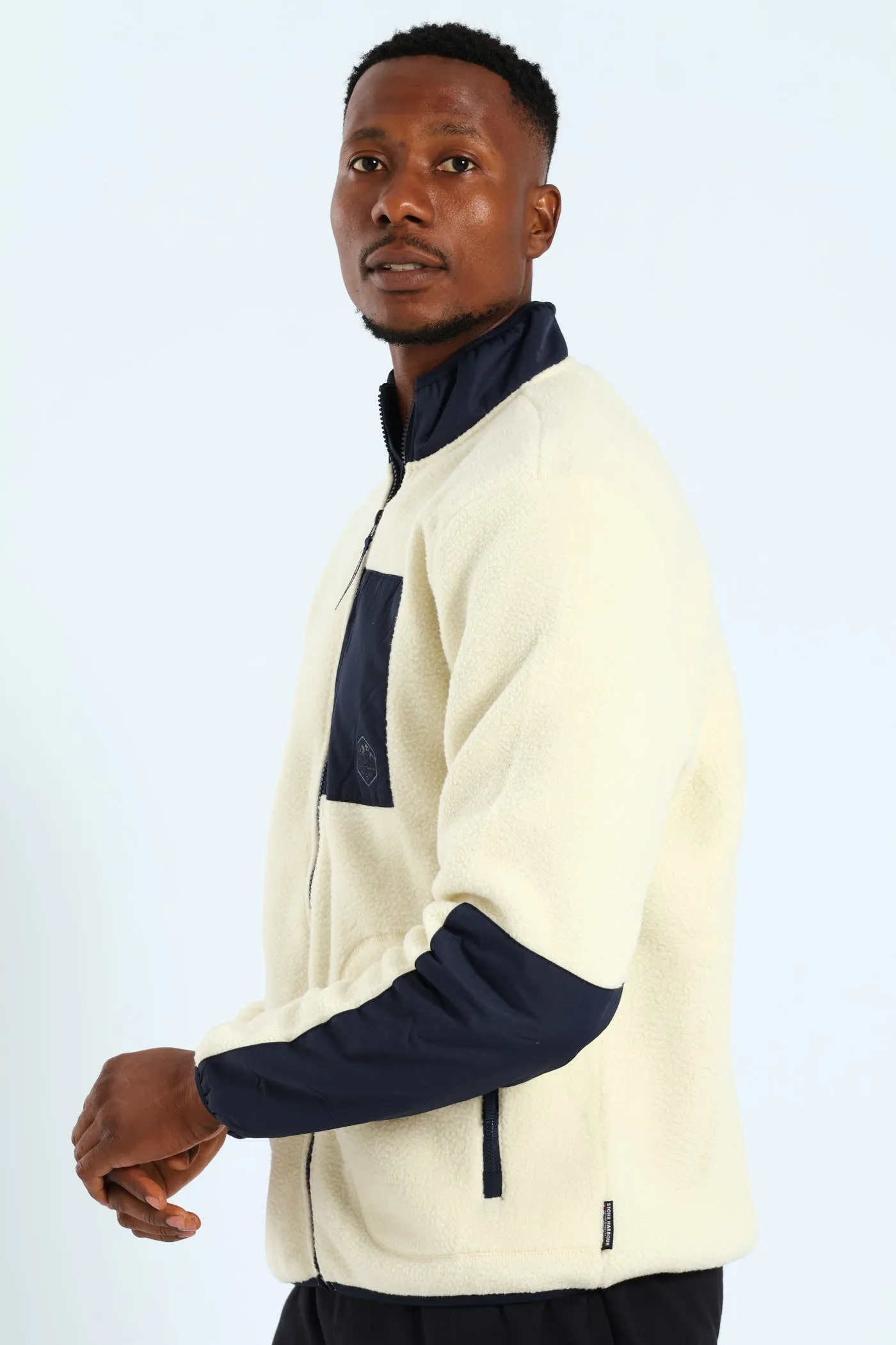 Polar Fleece Nylon Combo Zip Through Jacket - Light Stone/Navy