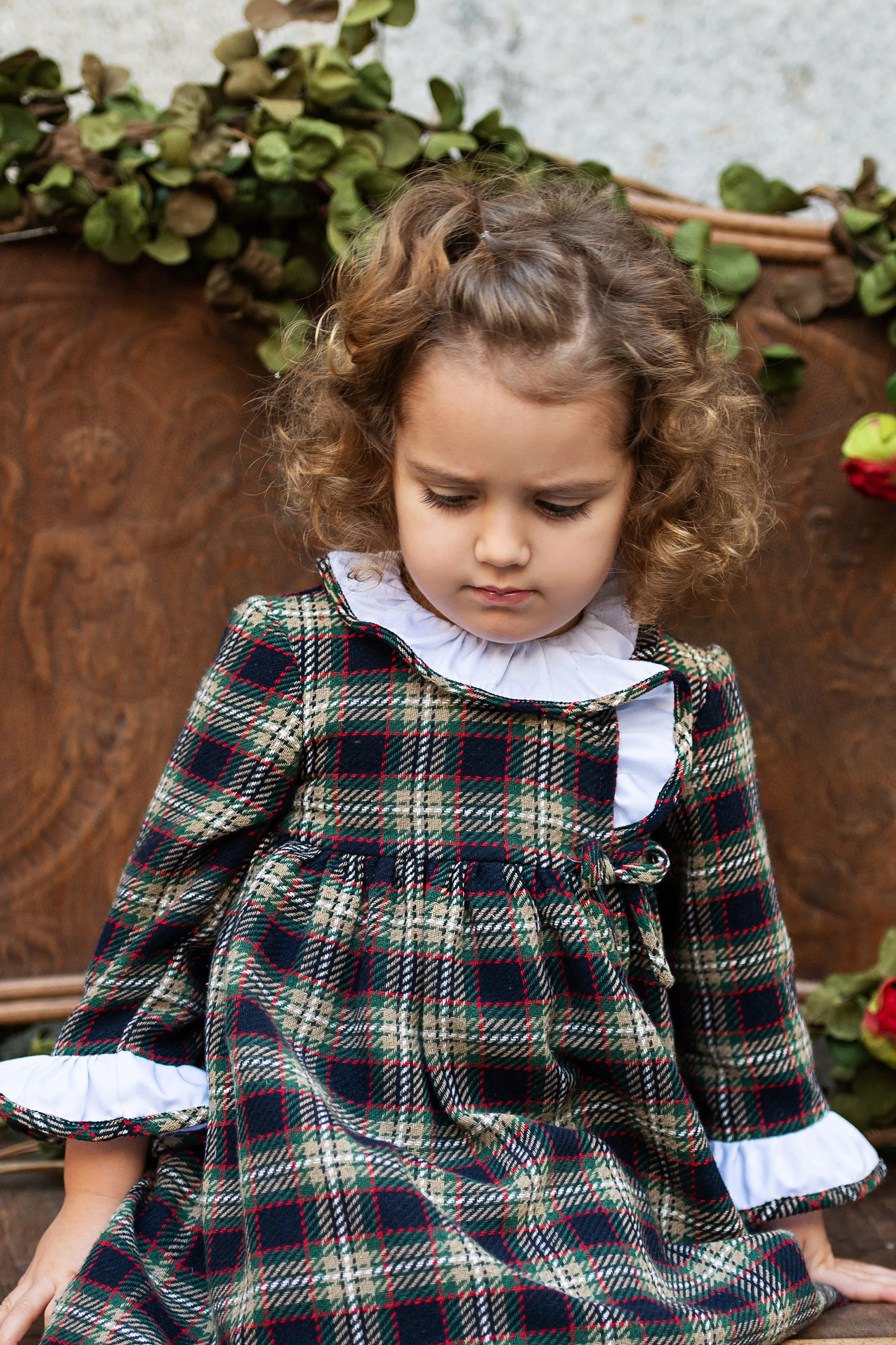 "Annie" Navy, Beige & Red Tartan Dress