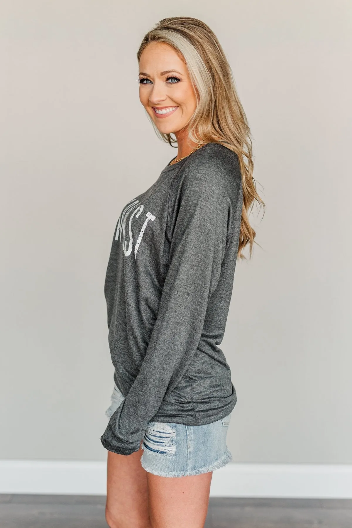 "Midwest" Long Sleeve Graphic Top- Charcoal