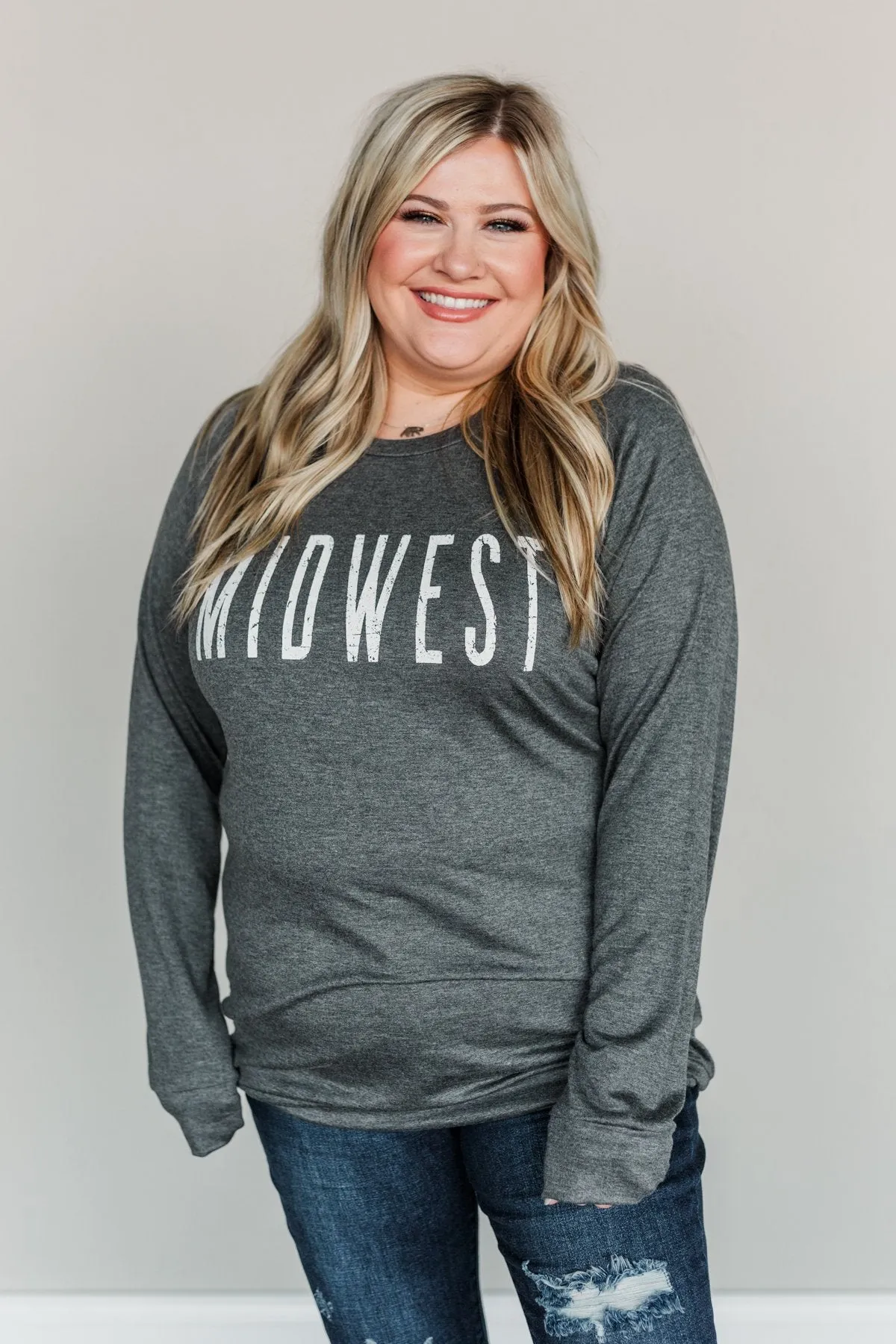 "Midwest" Long Sleeve Graphic Top- Charcoal