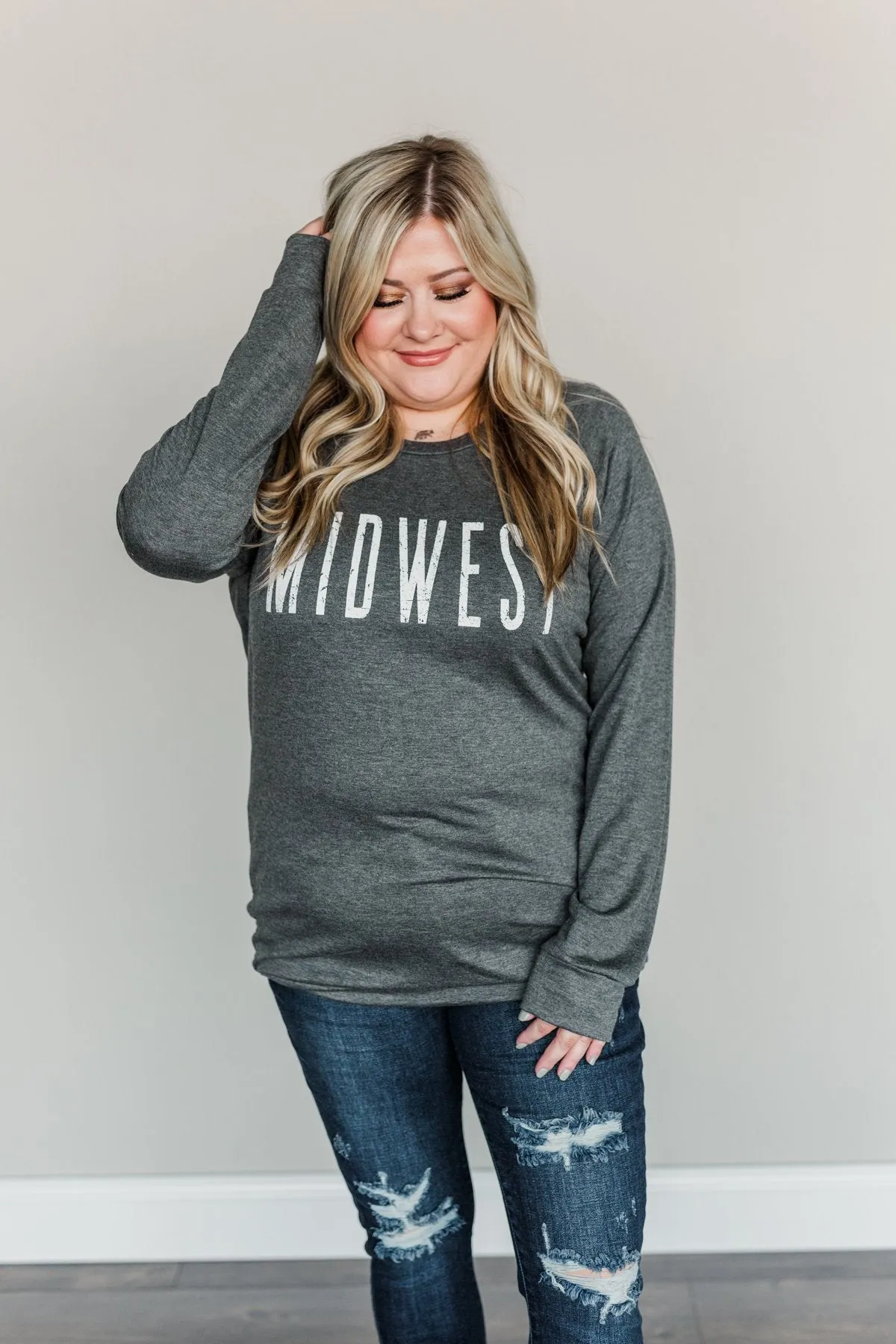 "Midwest" Long Sleeve Graphic Top- Charcoal