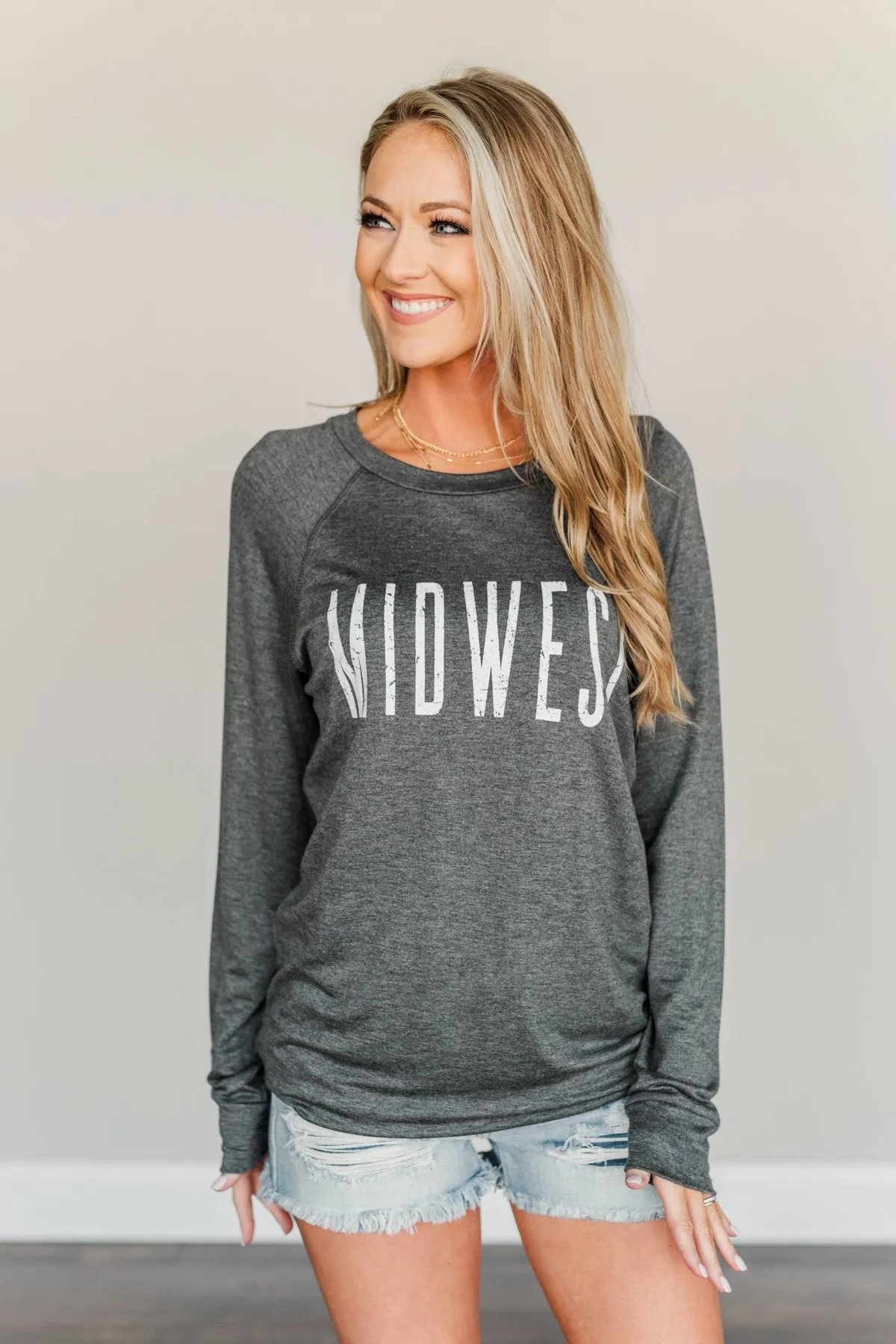 "Midwest" Long Sleeve Graphic Top- Charcoal