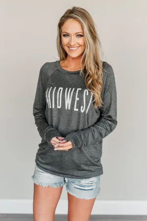 "Midwest" Long Sleeve Graphic Top- Charcoal