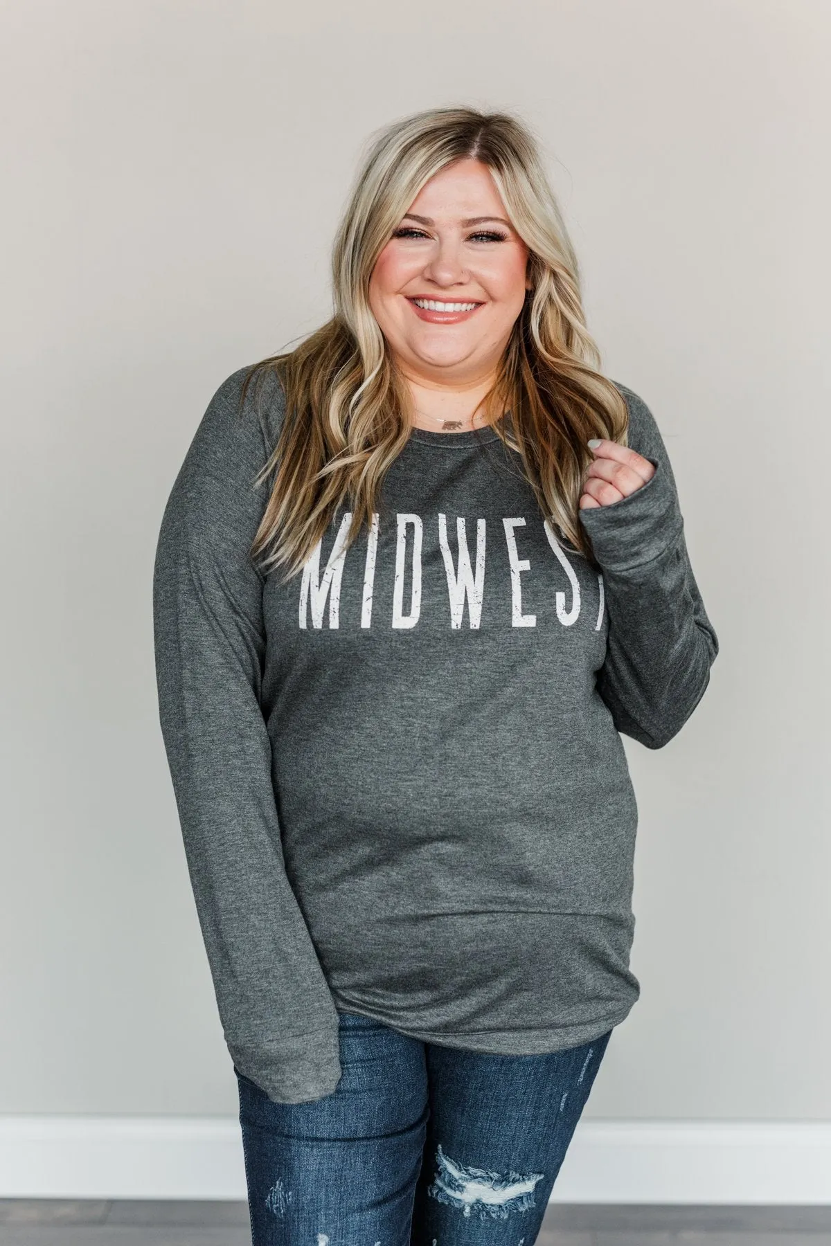 "Midwest" Long Sleeve Graphic Top- Charcoal