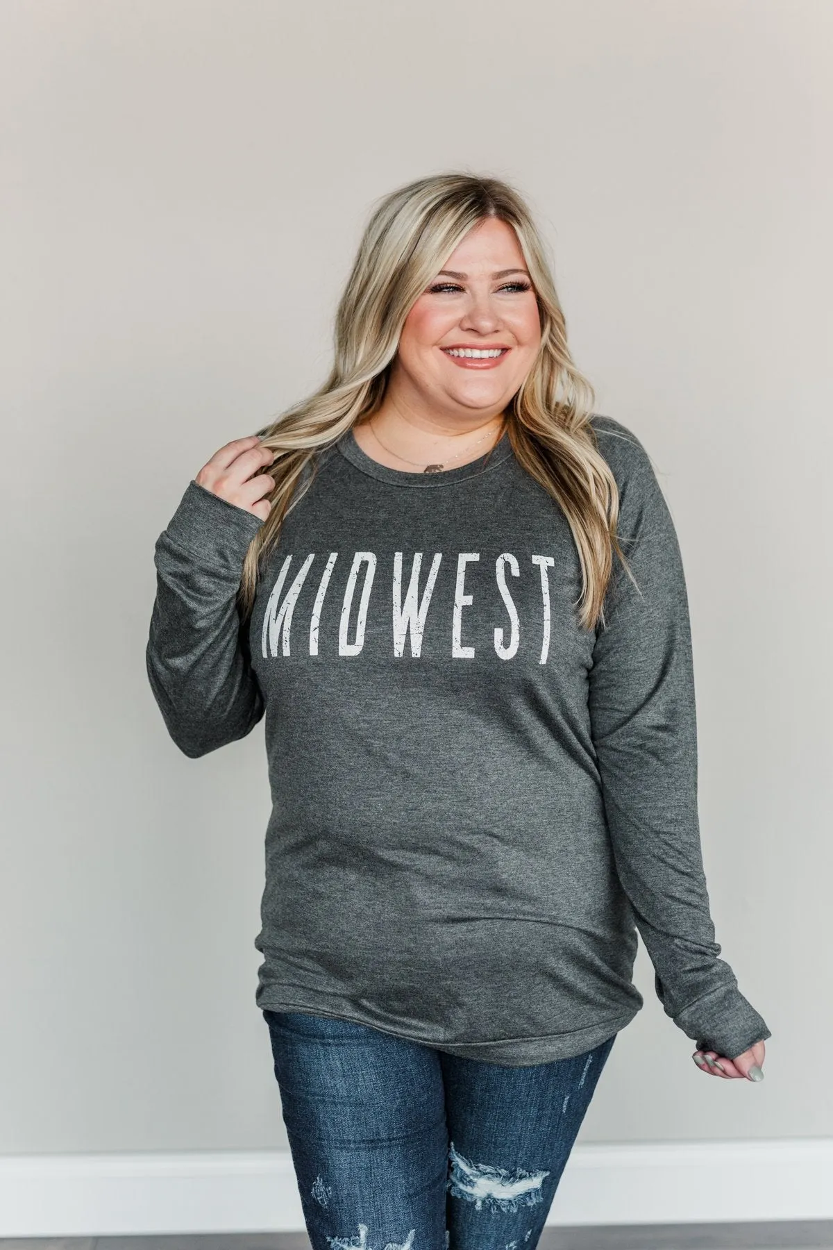 "Midwest" Long Sleeve Graphic Top- Charcoal