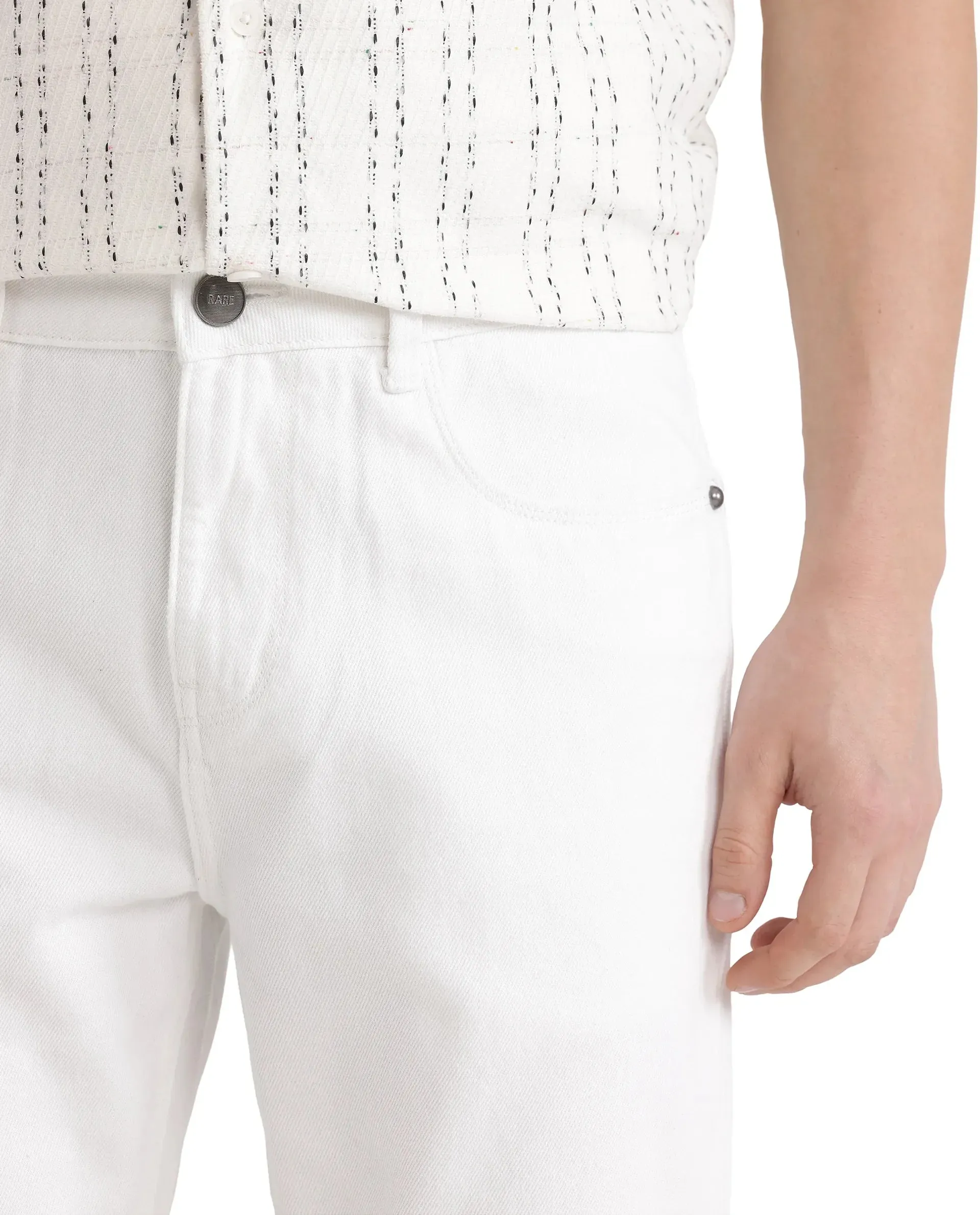 Rare Rabbit Men Gleb White Cotton Fabric Carrot Fit Plain Denim Pant