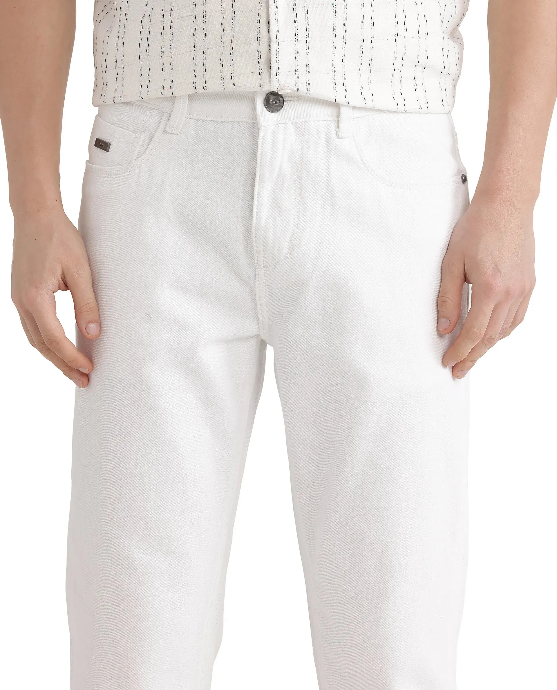 Rare Rabbit Men Gleb White Cotton Fabric Carrot Fit Plain Denim Pant