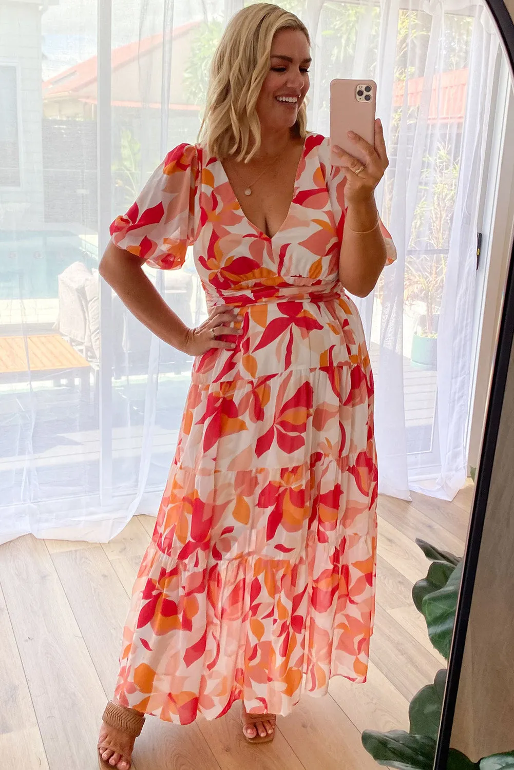 Red Short Puff Sleeve Floral Tiered Maxi Dress