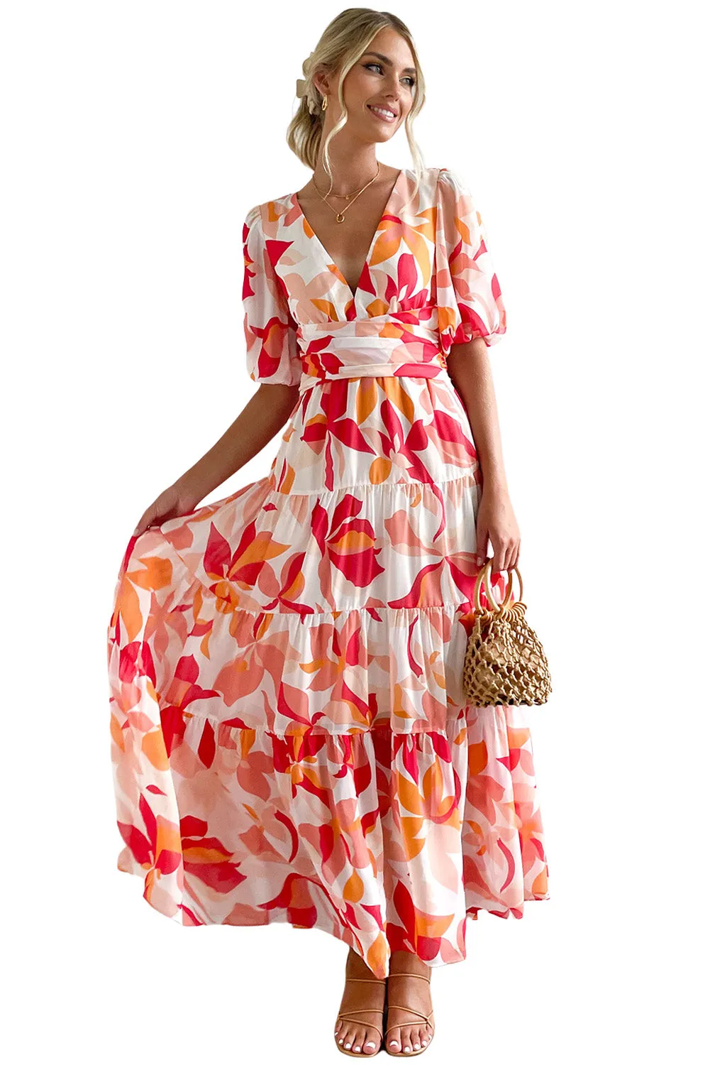 Red Short Puff Sleeve Floral Tiered Maxi Dress