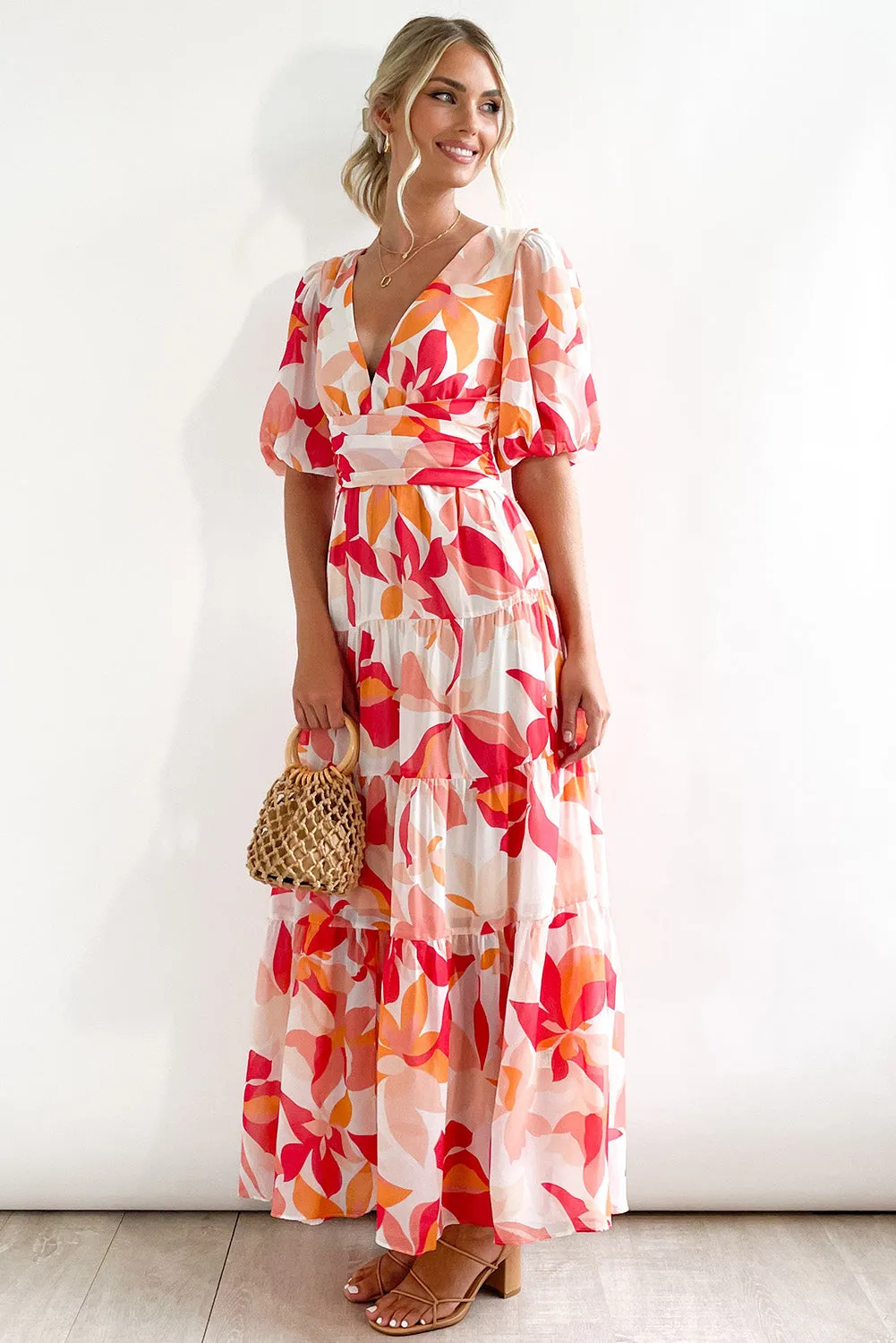 Red Short Puff Sleeve Floral Tiered Maxi Dress