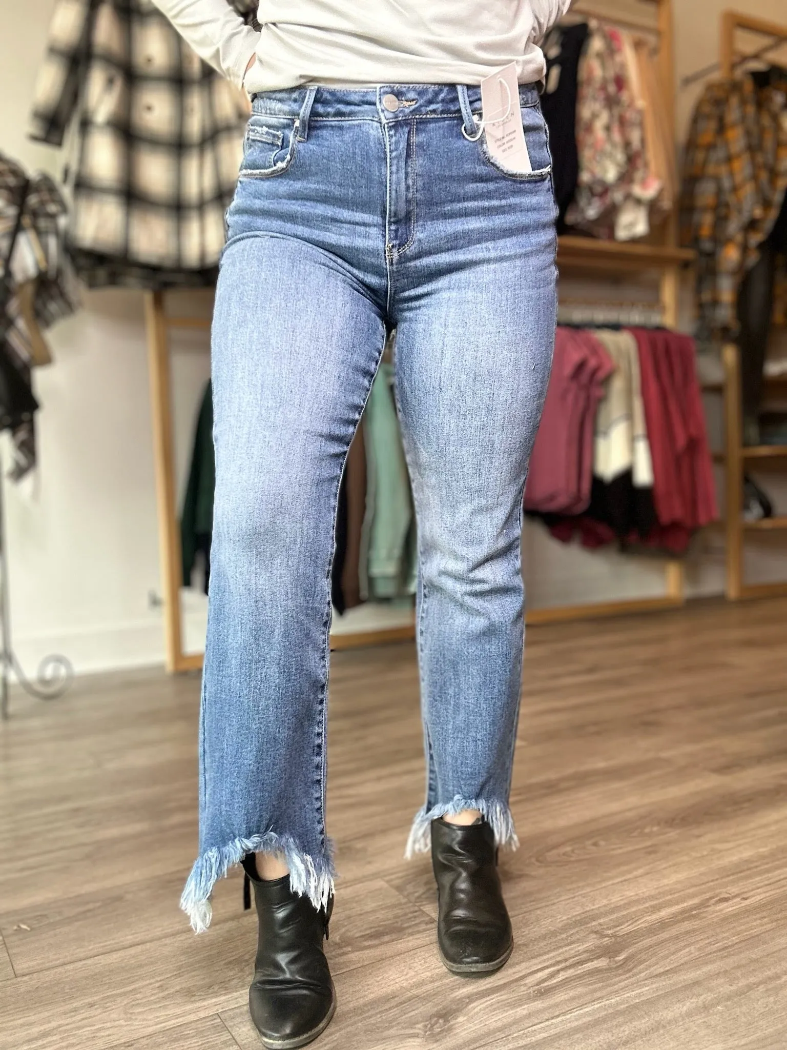 Risen Fray Hem Boot Cut Jeans