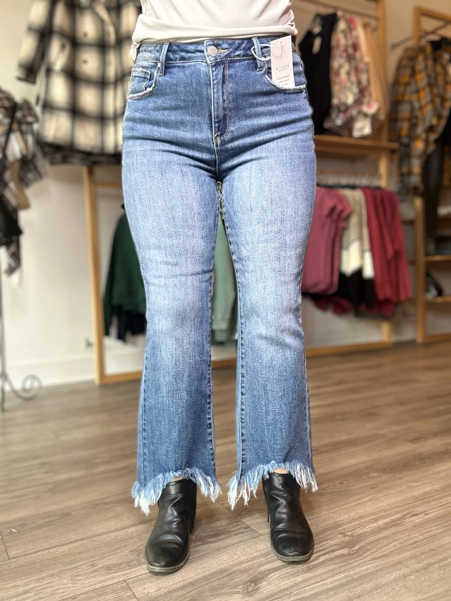Risen Fray Hem Boot Cut Jeans