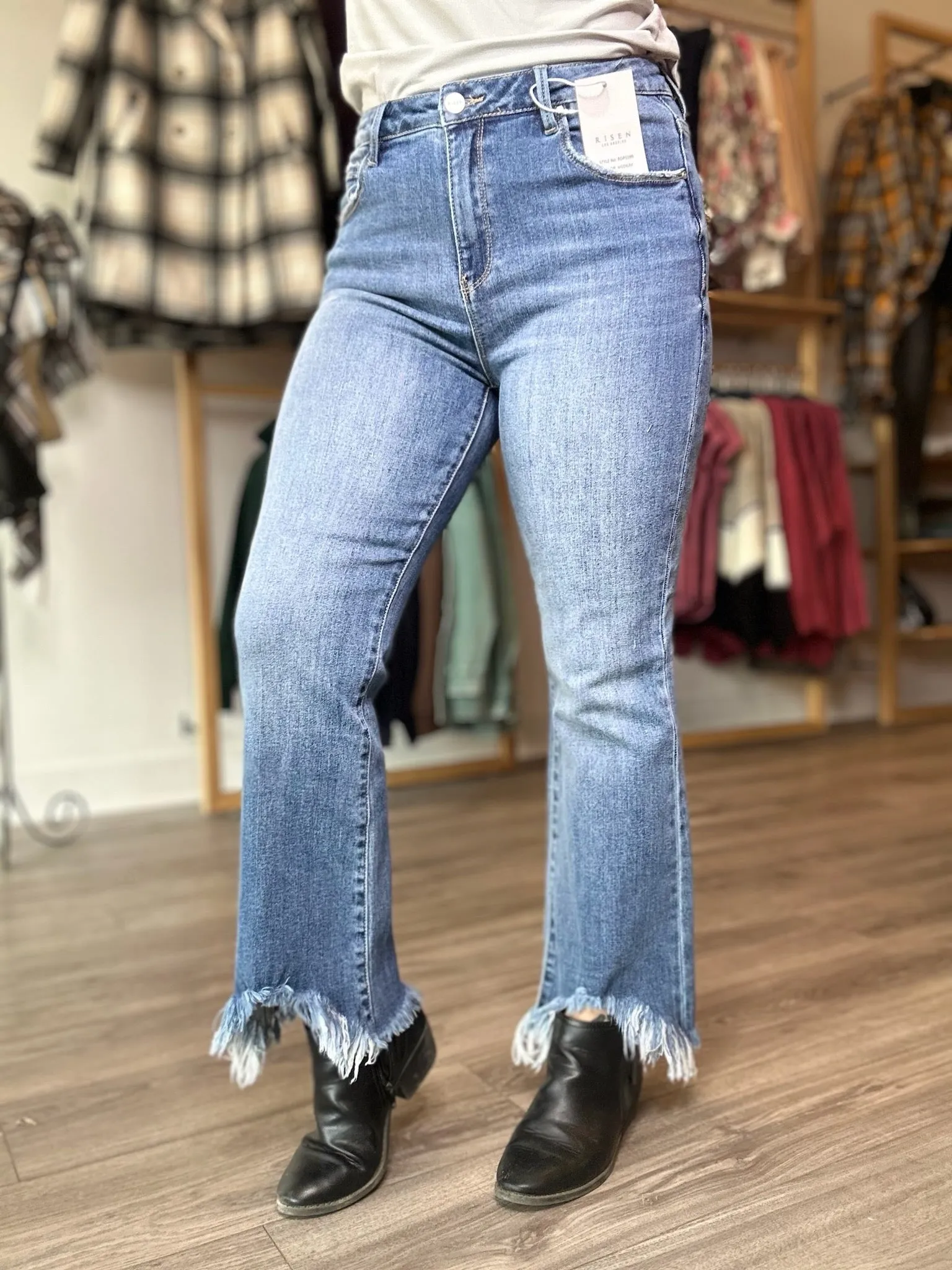 Risen Fray Hem Boot Cut Jeans