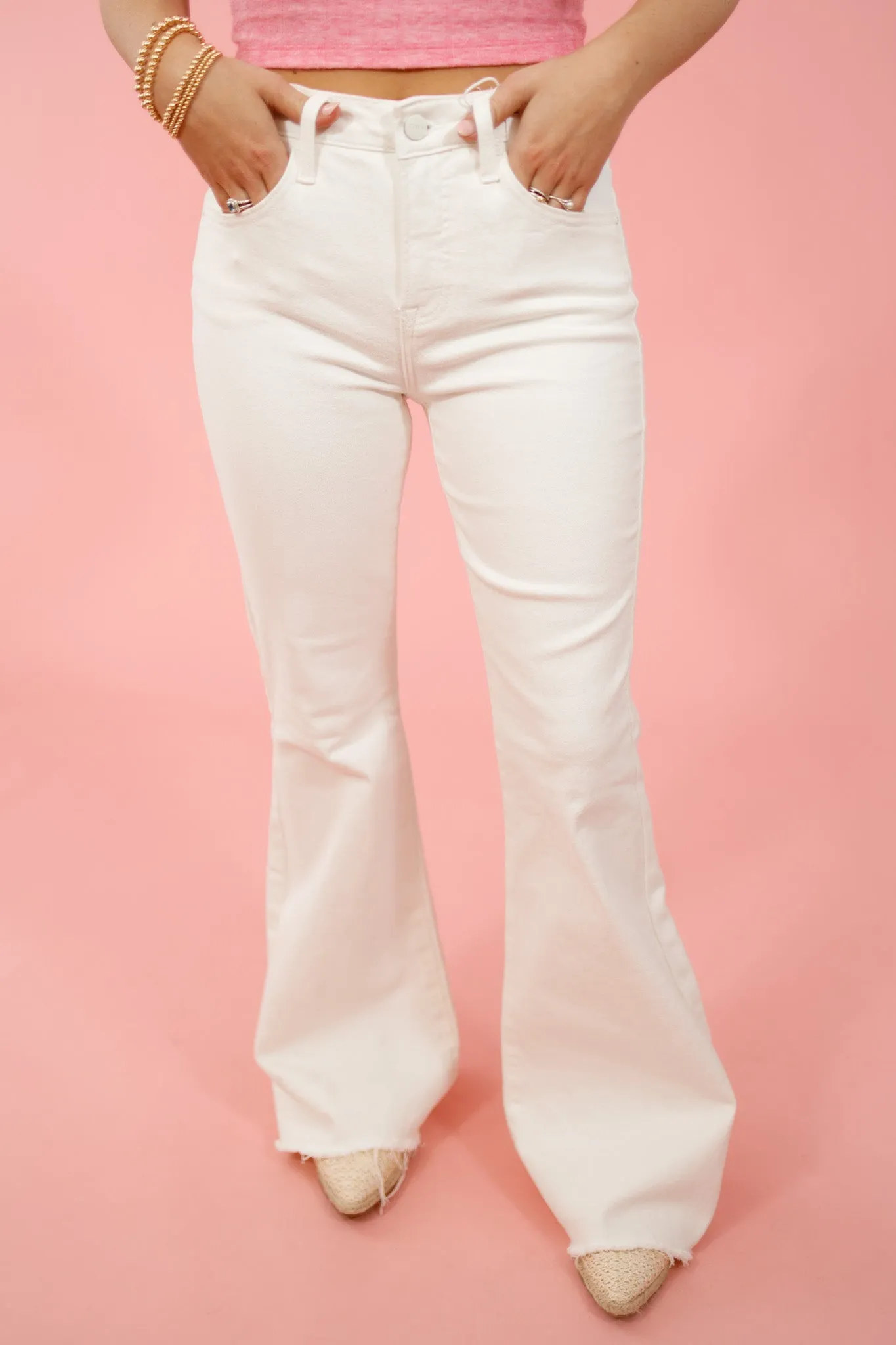 Risen White Mid Rise Flares