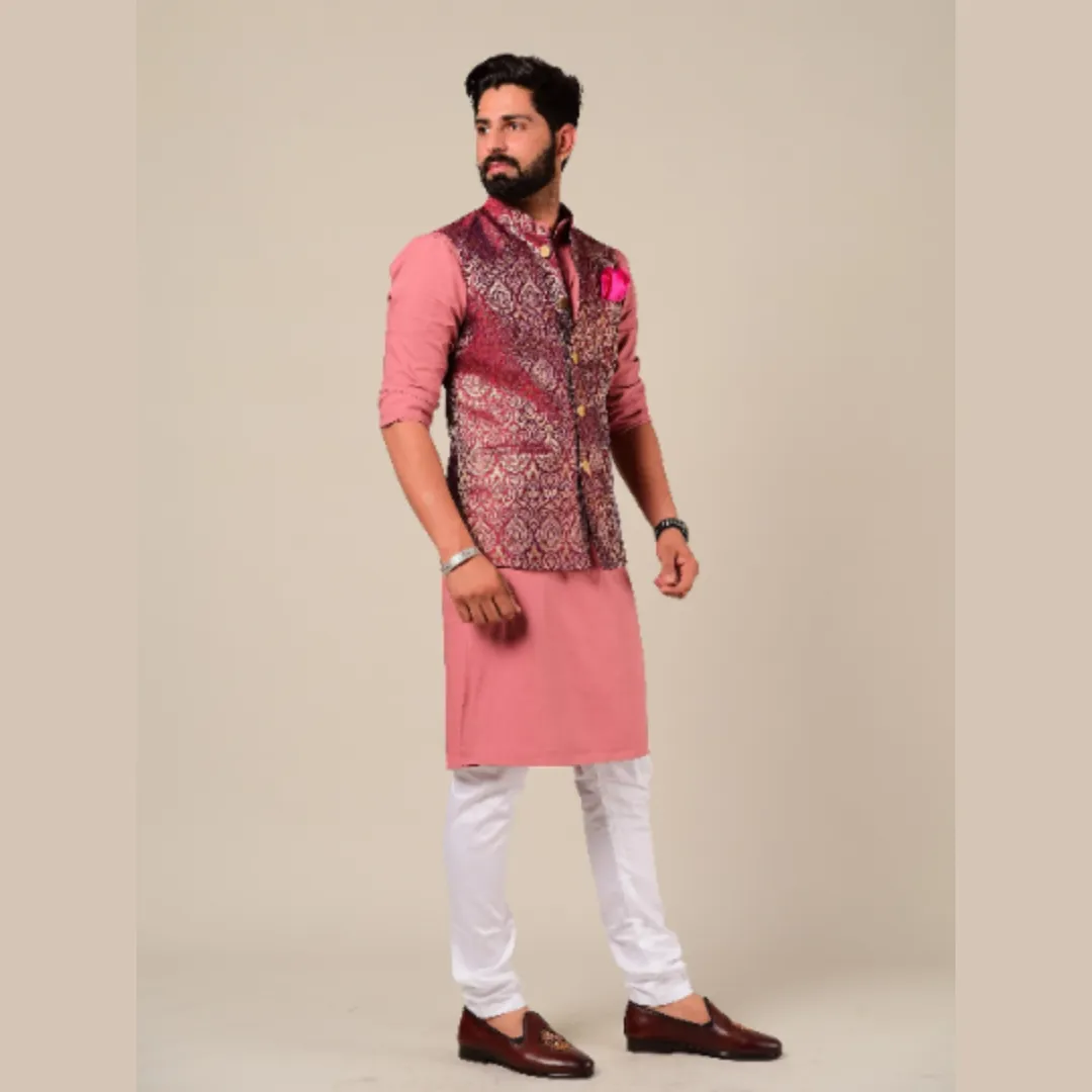 Rosewood Color Kimkhab Half Jodhpuri Jacket With Kurta Pajama Set