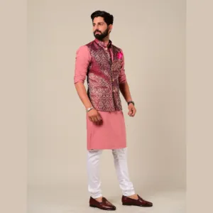 Rosewood Color Kimkhab Half Jodhpuri Jacket With Kurta Pajama Set