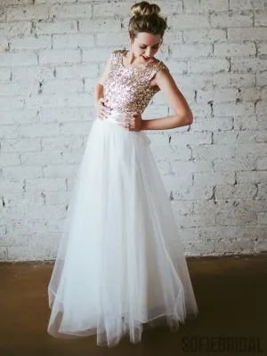 Round Neck Sequin Tulle Long Bridesmaid Dresses, PD0852