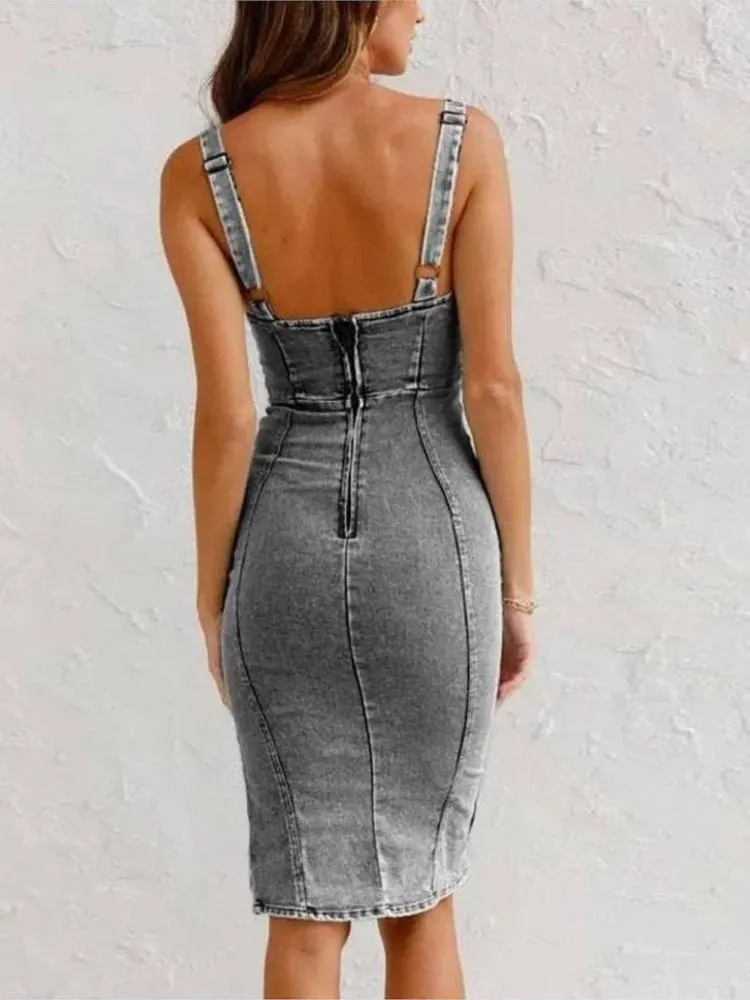 Roxana - Elegant Stretch Fit Woman's Denim Dress