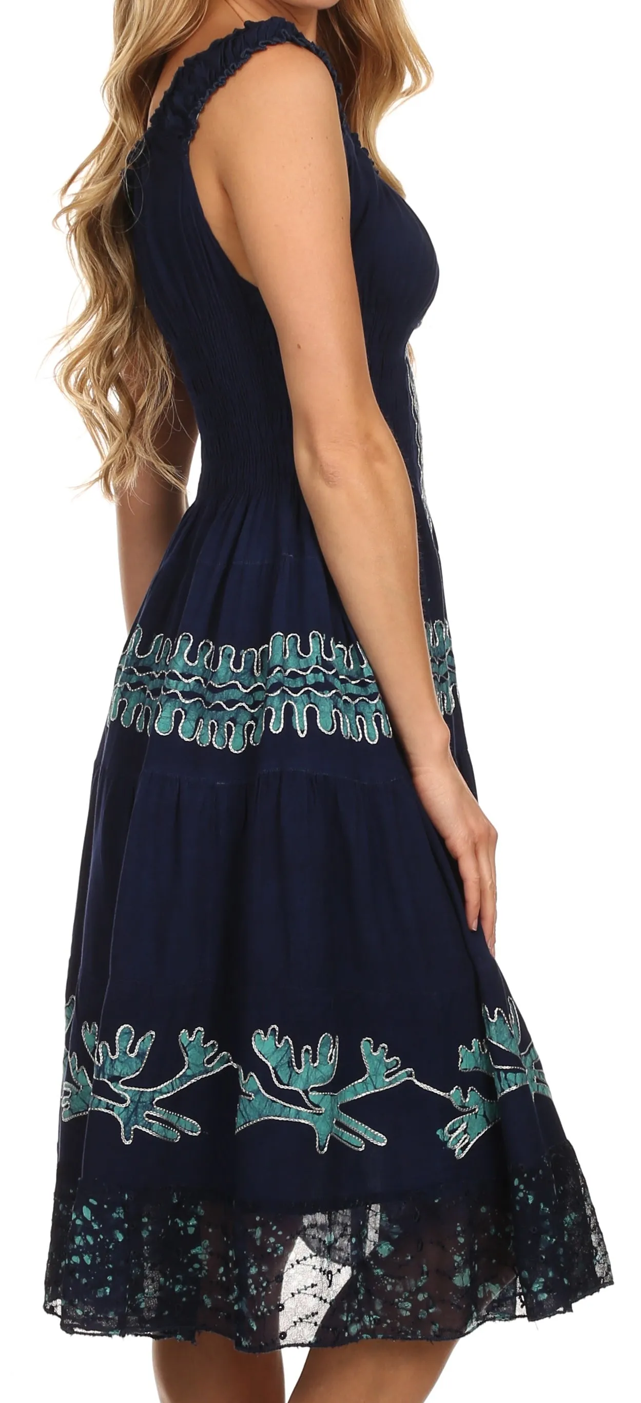 Sakkas Monica Boho Smocked Waist Sleeveless Mid-Length Embroidered Batik Dress