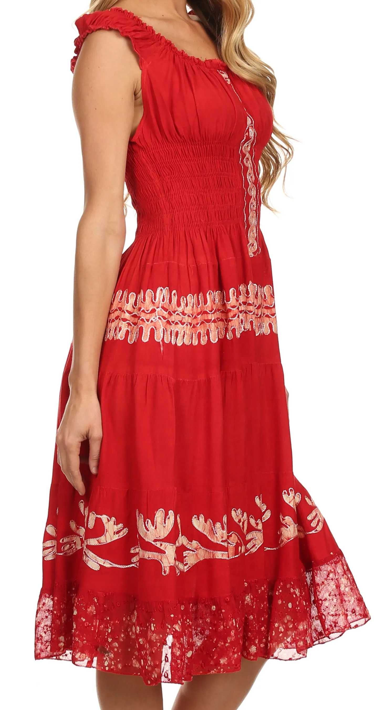 Sakkas Monica Boho Smocked Waist Sleeveless Mid-Length Embroidered Batik Dress