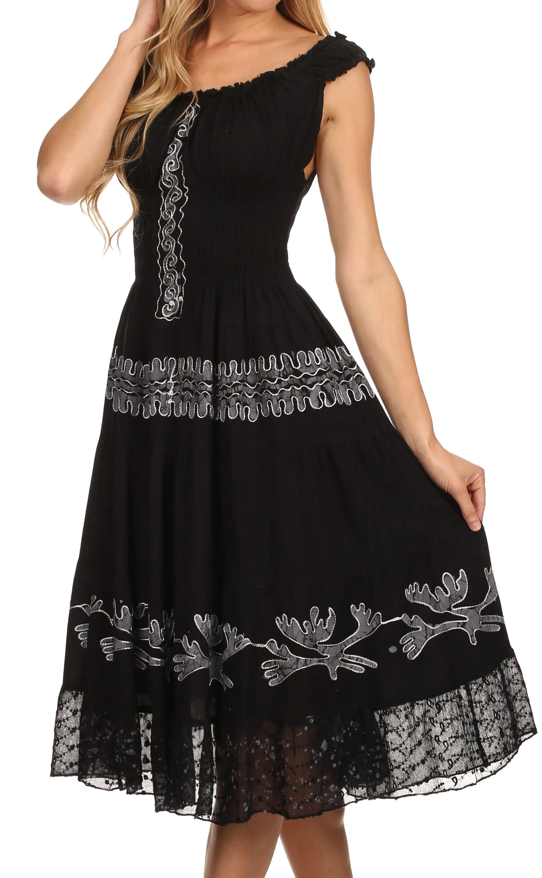 Sakkas Monica Boho Smocked Waist Sleeveless Mid-Length Embroidered Batik Dress