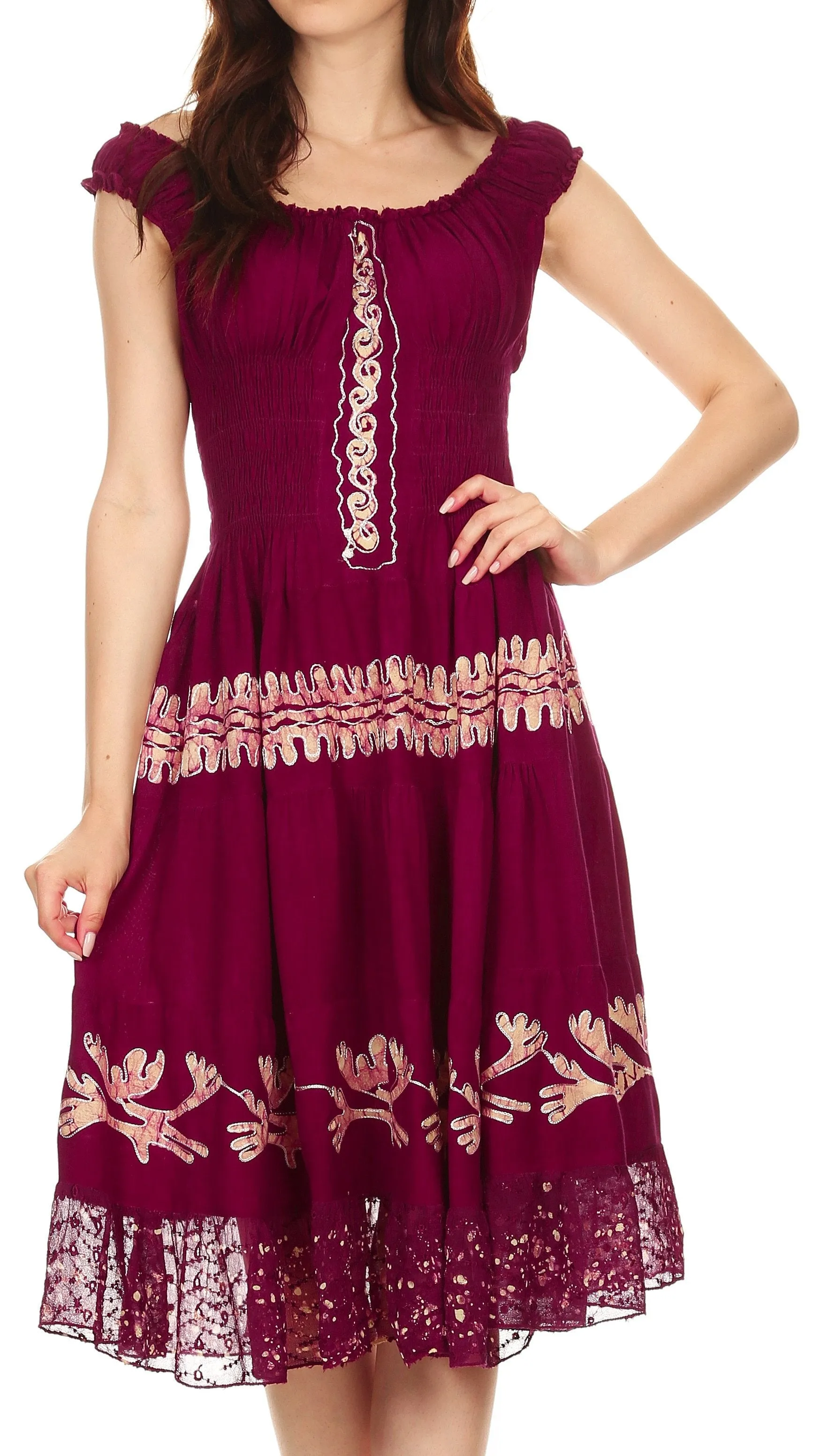 Sakkas Monica Boho Smocked Waist Sleeveless Mid-Length Embroidered Batik Dress