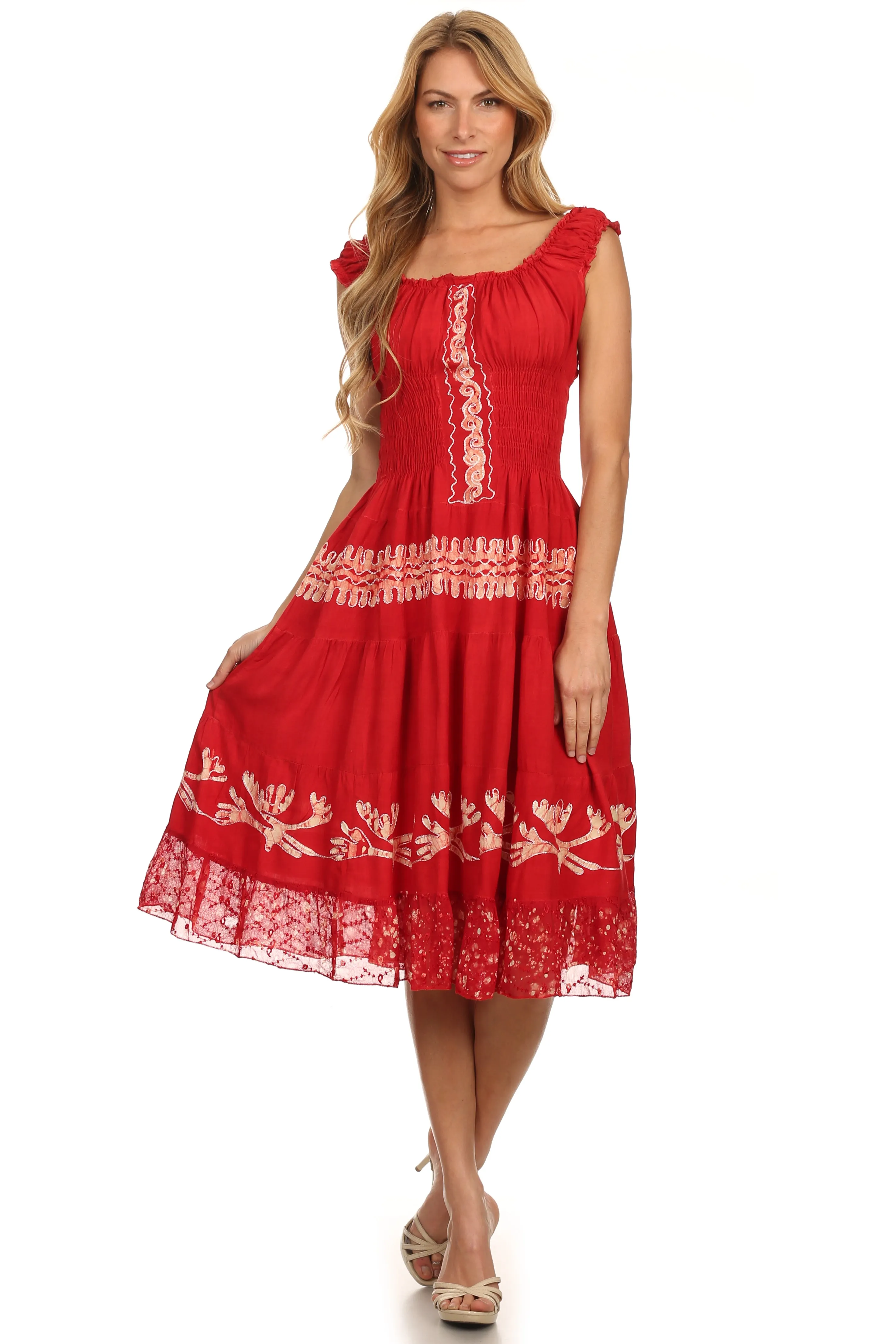 Sakkas Monica Boho Smocked Waist Sleeveless Mid-Length Embroidered Batik Dress