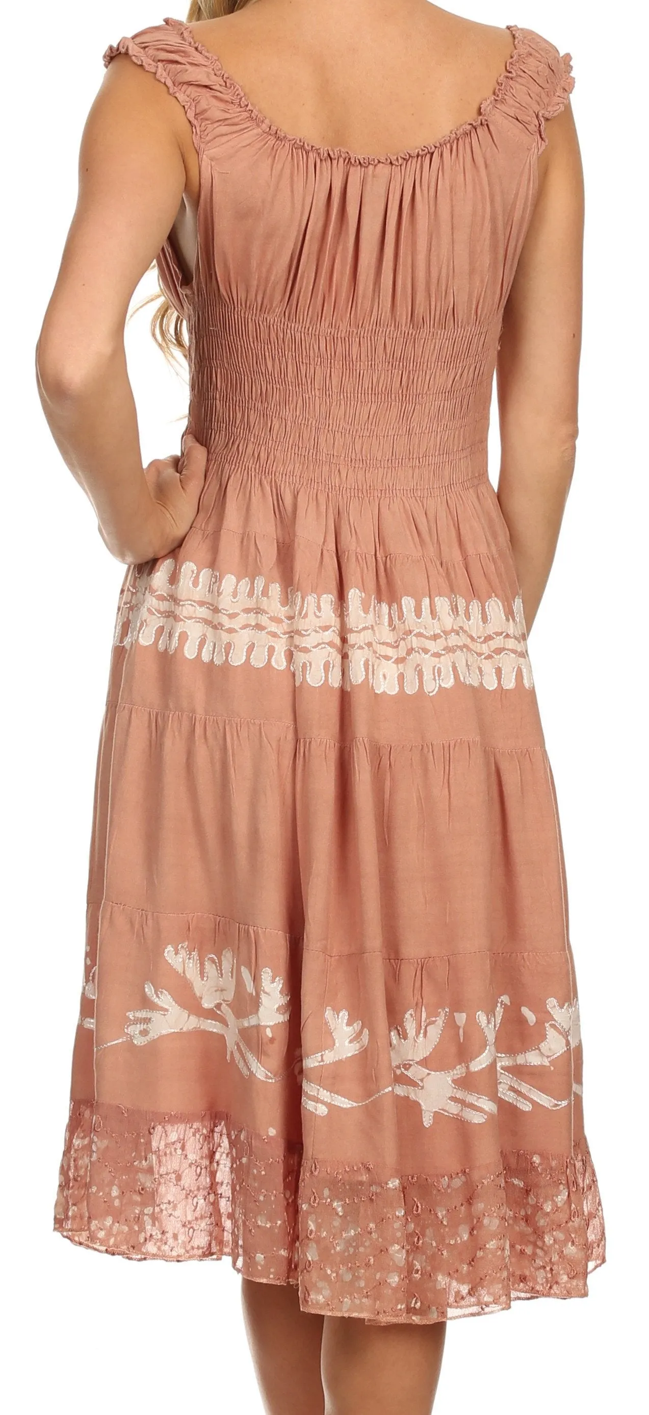 Sakkas Monica Boho Smocked Waist Sleeveless Mid-Length Embroidered Batik Dress