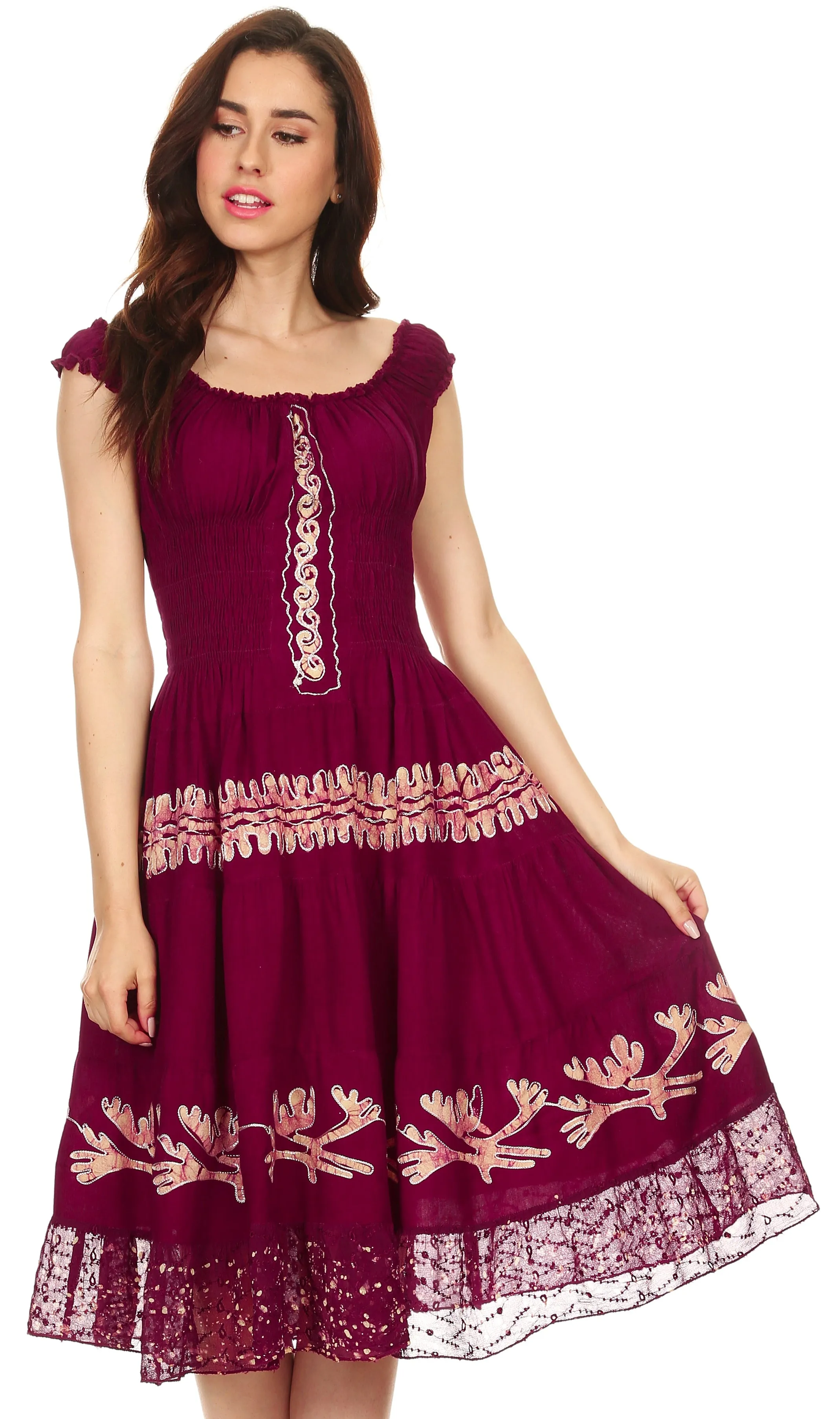 Sakkas Monica Boho Smocked Waist Sleeveless Mid-Length Embroidered Batik Dress