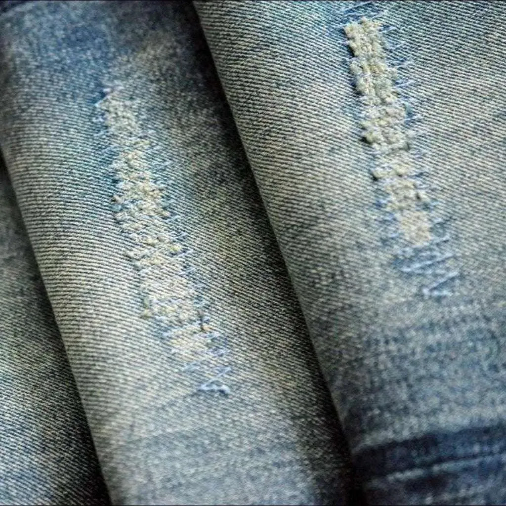 Sanded whiskered selvedge jeans for men