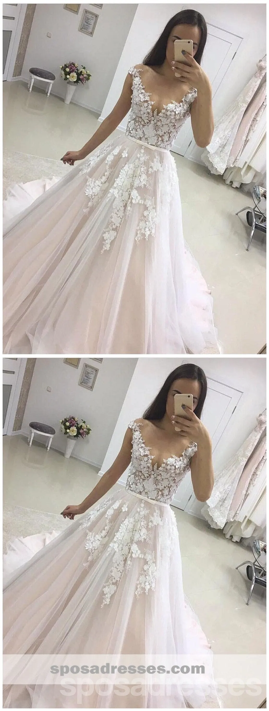 See Through Cap Sleeves A-line Wedding Dresses Online, Cheap Champagne Bridal Dresses, WD454