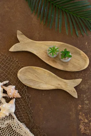Set of 2 Carved Wooden Fish Platters