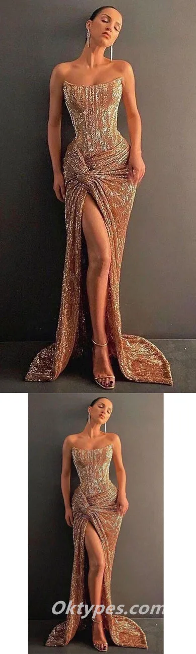 Sexy Sequin Sweetheart Sleeveless Side Slit Mermaid Long Prom Dresses With Pleats,PDS0403