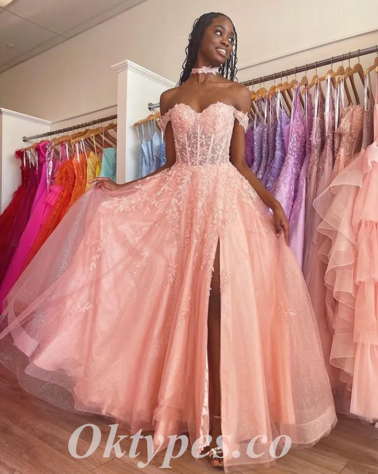 Sexy Tulle And Lace Off Shoulder Sleeveless Side Slit A-Line Long Prom Dresses,PDS0747