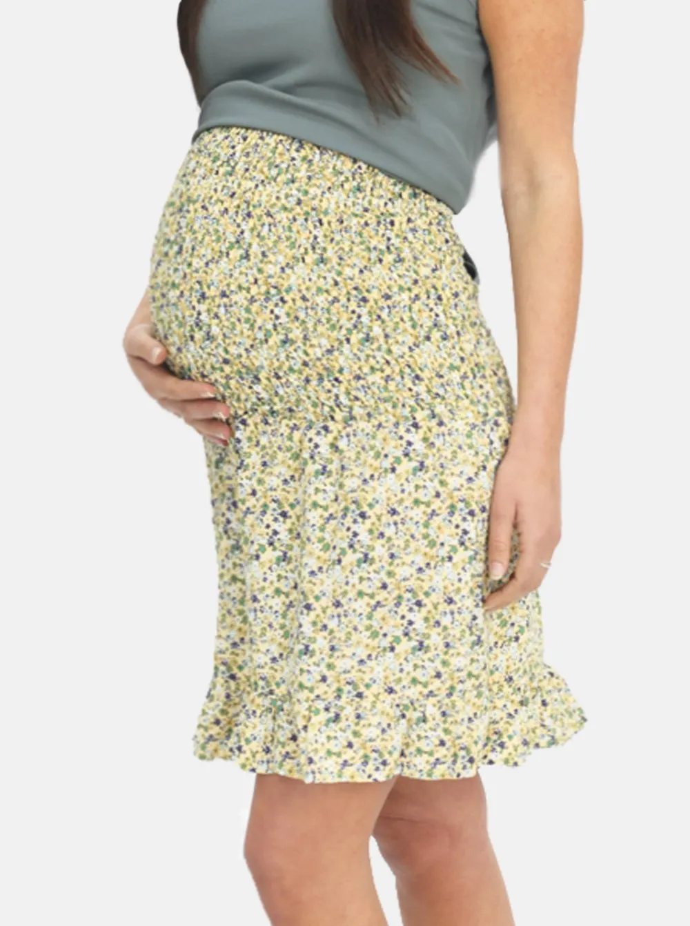 Shirred Maternity Skirt in Yellow & Green Floral Print