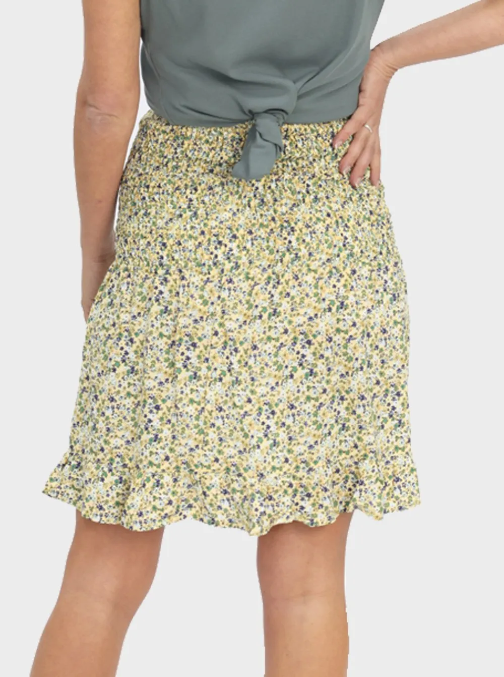 Shirred Maternity Skirt in Yellow & Green Floral Print