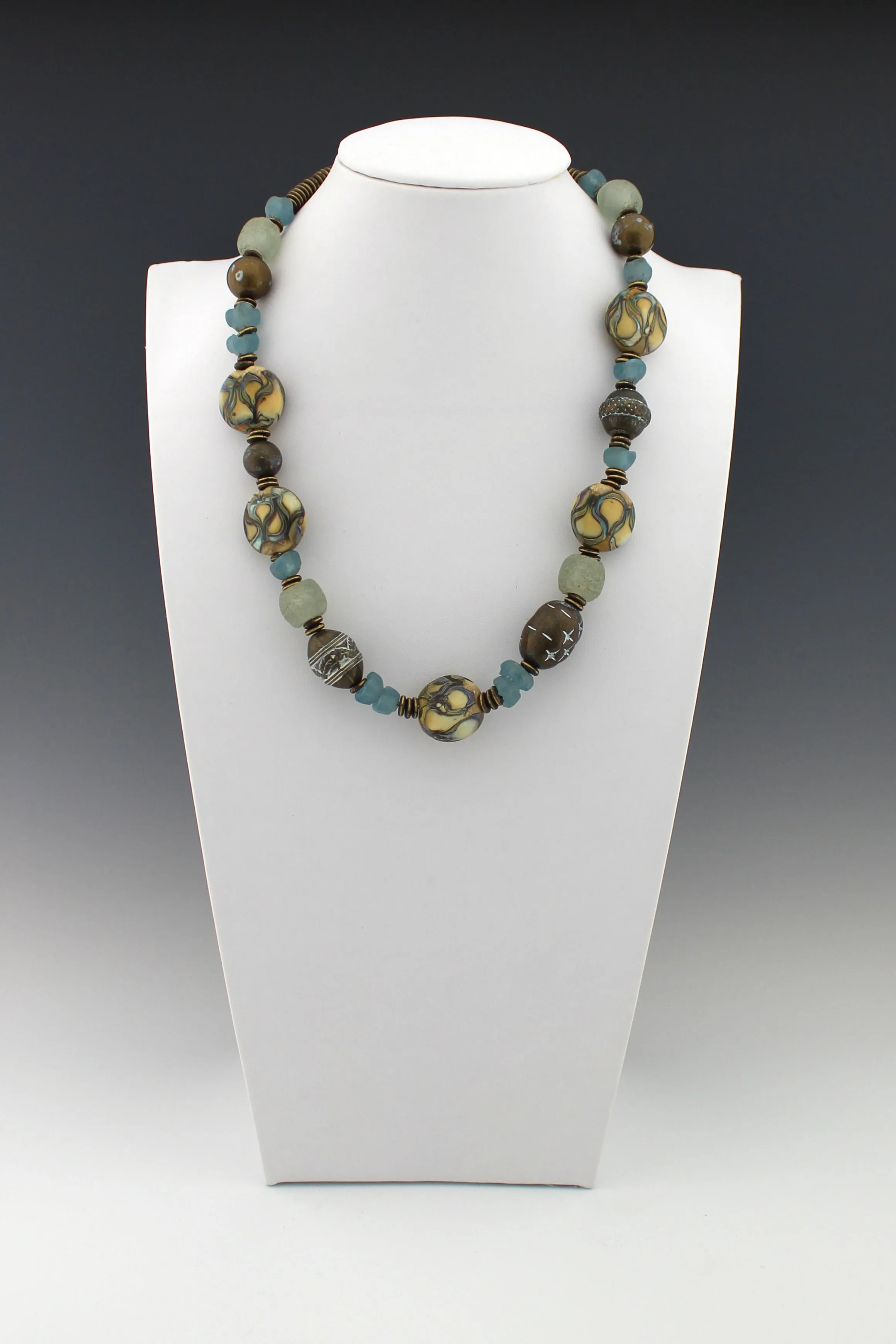 Shore Line - Ocean Blues, Sandy Shores and Rustic brass necklace, Beach necklace,