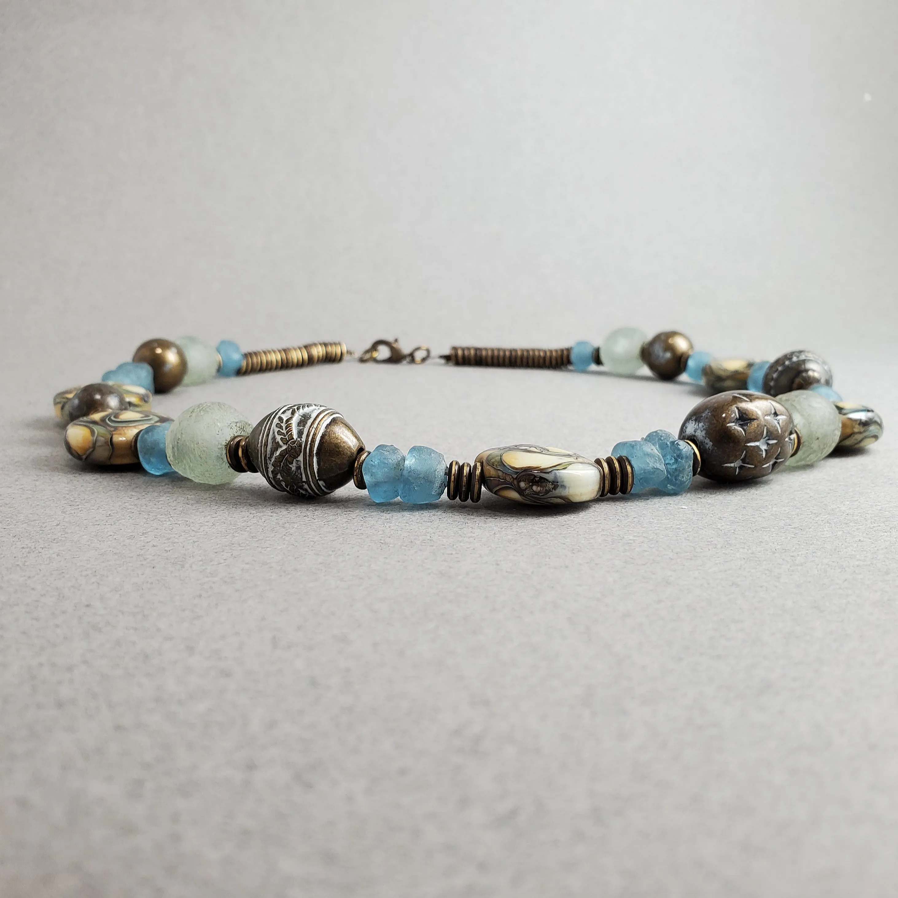Shore Line - Ocean Blues, Sandy Shores and Rustic brass necklace, Beach necklace,