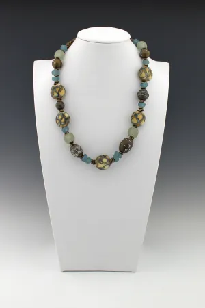 Shore Line - Ocean Blues, Sandy Shores and Rustic brass necklace, Beach necklace,