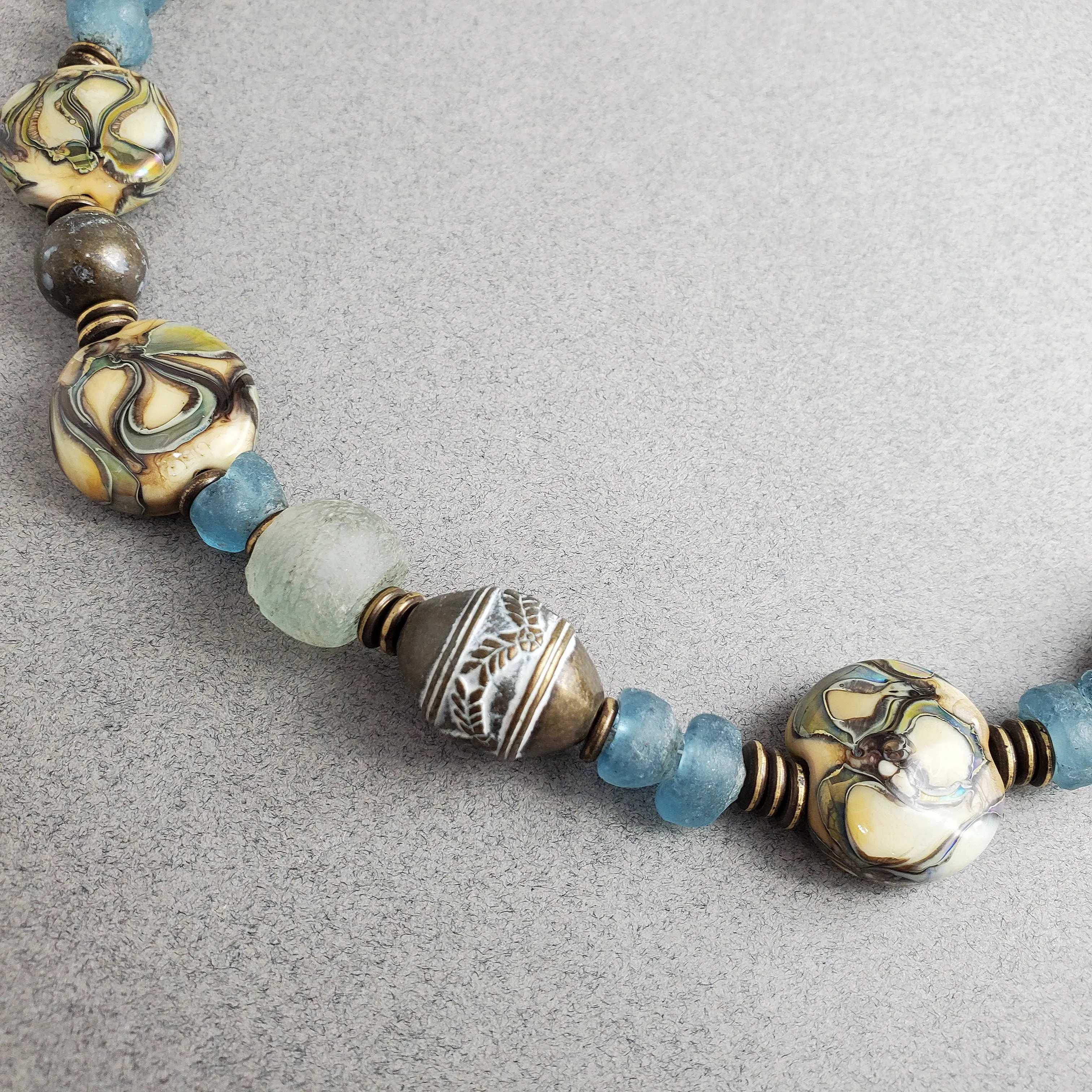 Shore Line - Ocean Blues, Sandy Shores and Rustic brass necklace, Beach necklace,