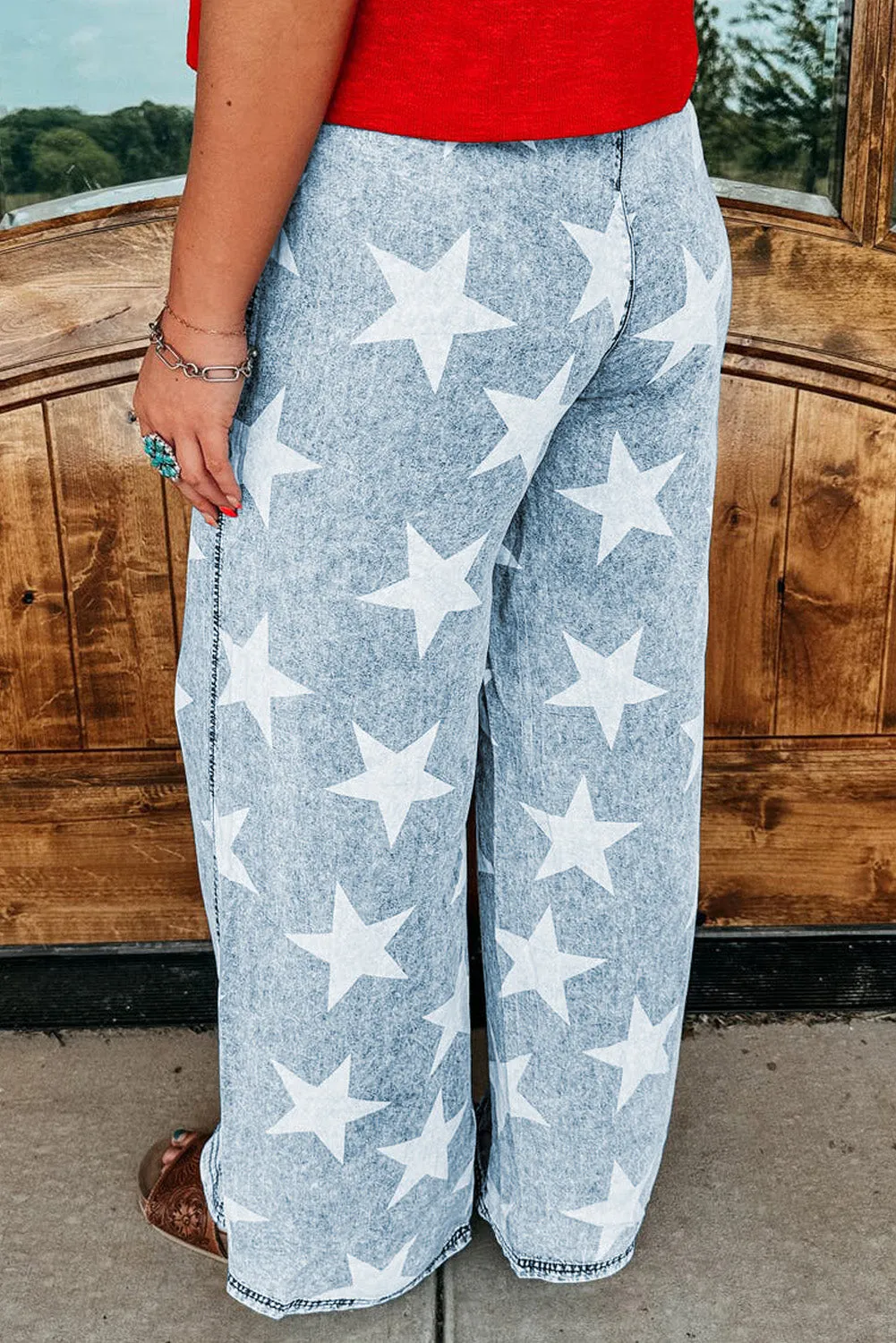 Sky Blue Star Print Light Wash Drawstring High Waist Wide Leg Jeans