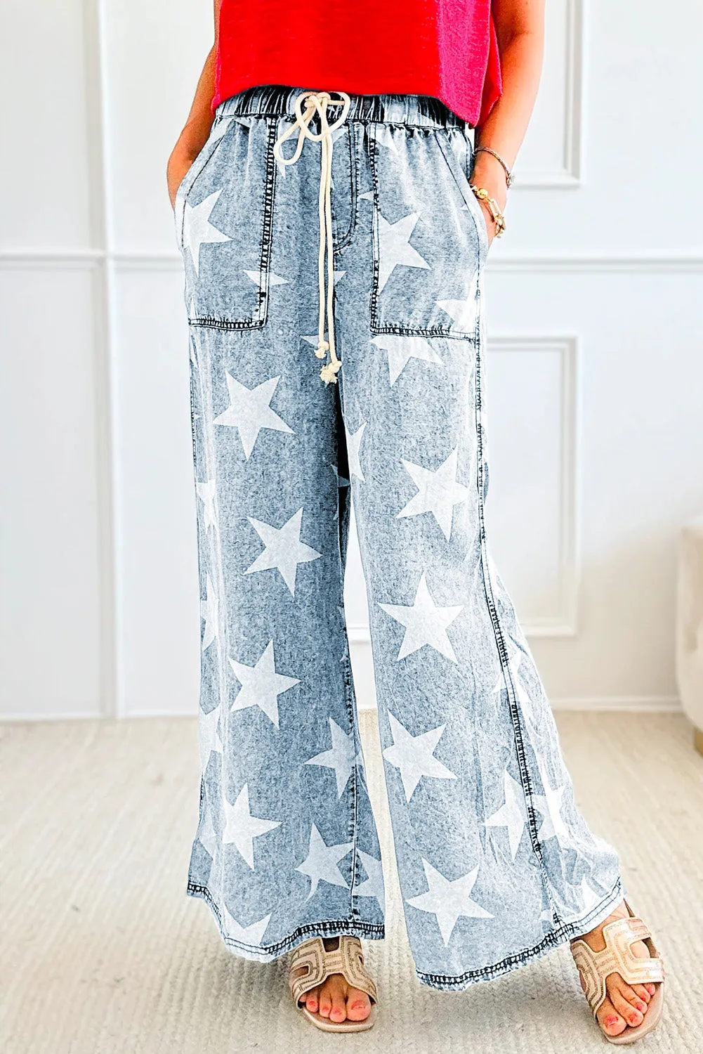 Sky Blue Star Print Light Wash Drawstring High Waist Wide Leg Jeans