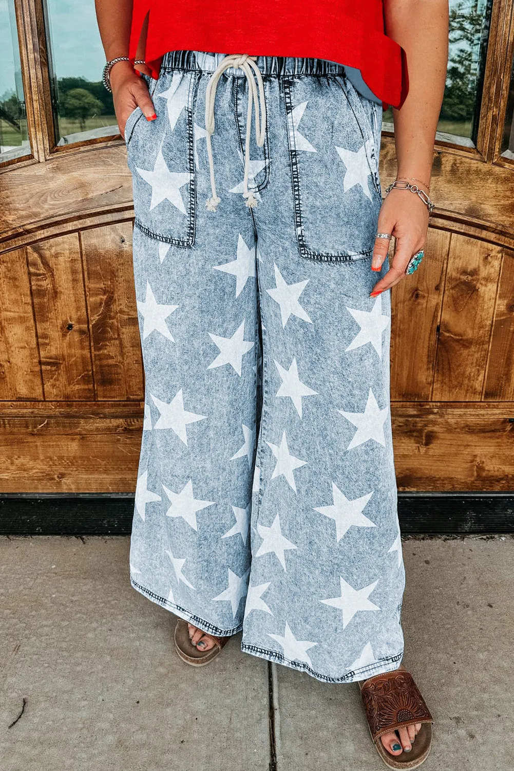 Sky Blue Star Print Light Wash Drawstring High Waist Wide Leg Jeans