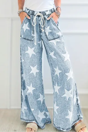 Sky Blue Star Print Light Wash Drawstring High Waist Wide Leg Jeans