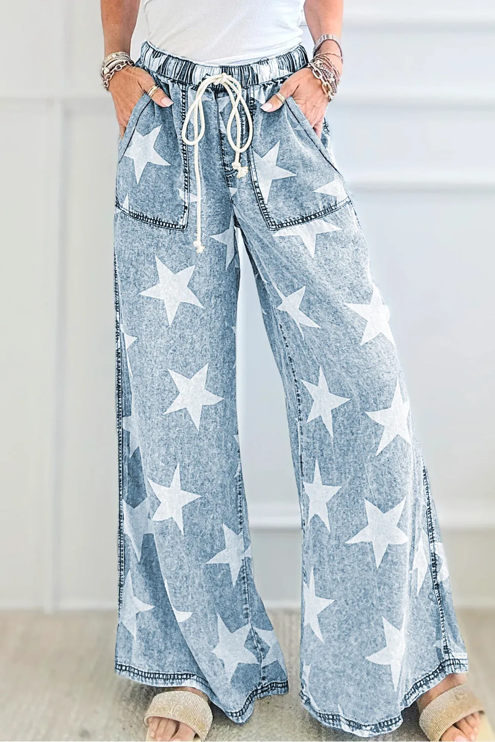 Sky Blue Star Print Light Wash Drawstring High Waist Wide Leg Jeans