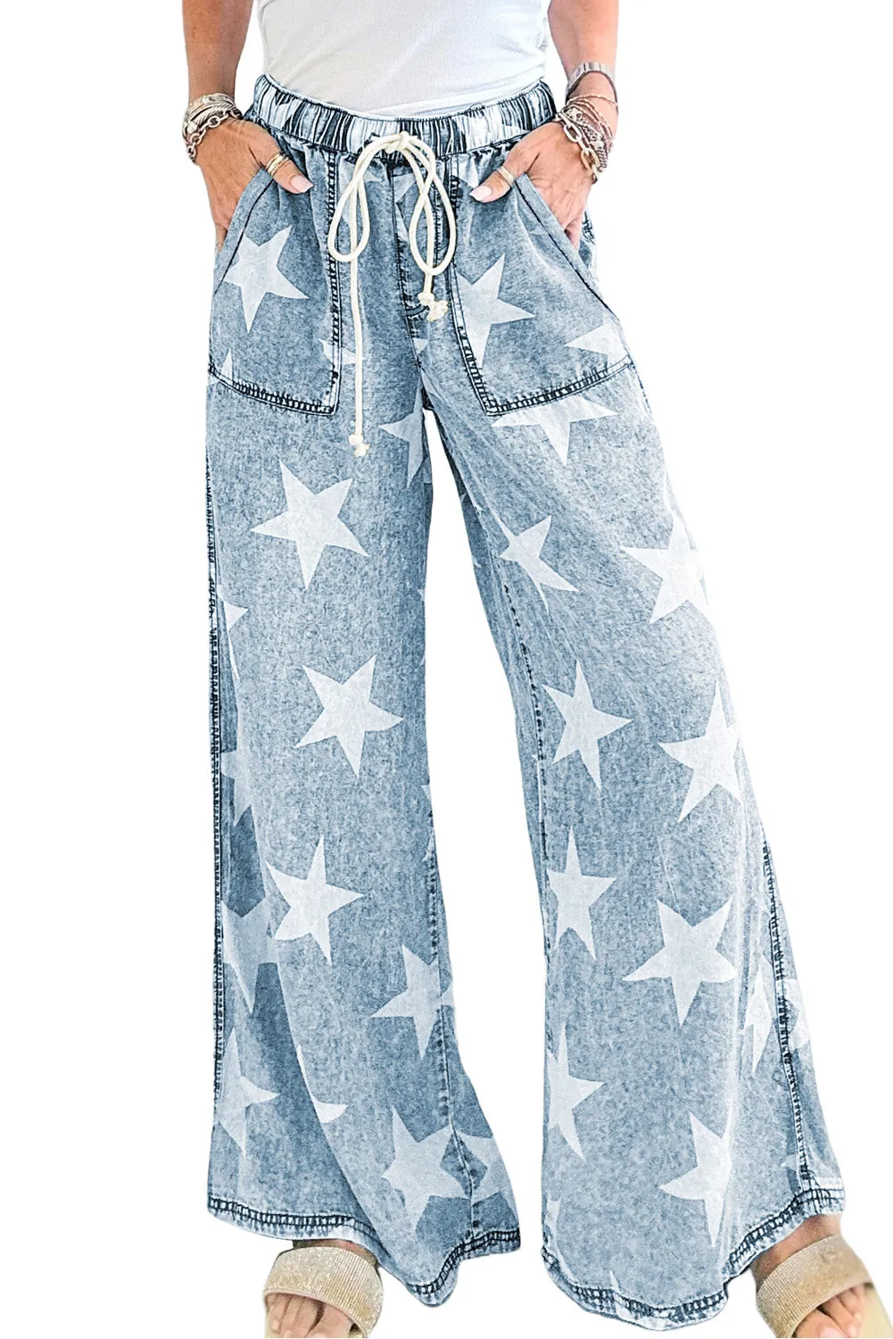 Sky Blue Star Print Light Wash Drawstring High Waist Wide Leg Jeans