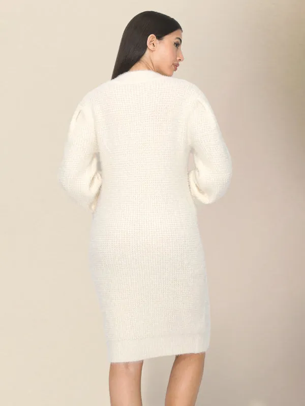 Slim Sweater Dress with Ribbed Texture and Round Neck