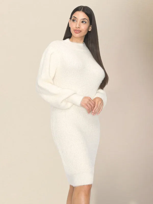 Slim Sweater Dress with Ribbed Texture and Round Neck