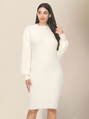 Slim Sweater Dress with Ribbed Texture and Round Neck